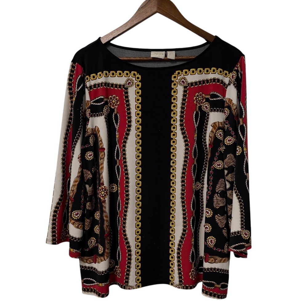 Chico's Tunic Top Women 3 XL Scarf Chain Print 3/4 Sleeve Boat Neck Equestrian‎
